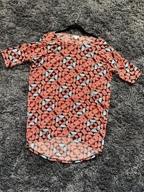 LuLaRoe Irma Tee-Orange, Black and Light Blue Geometric Floral-Size XXS